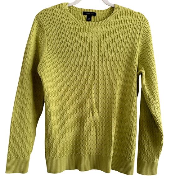 Lands' End Womens Cable Knit Sweater Large Preppy Old Money Crew Avocado Green - Picture 1 of 7